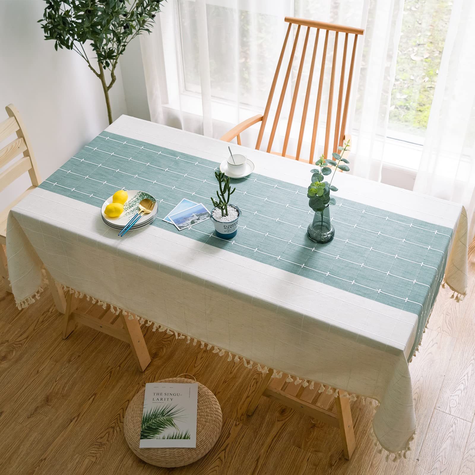 Jeloris Rustic Embroidered Tablecloth With Tassel, Cotton Linen Wrinkle Free Anti-Fading Washable Dust-Proof Table Cover For Din